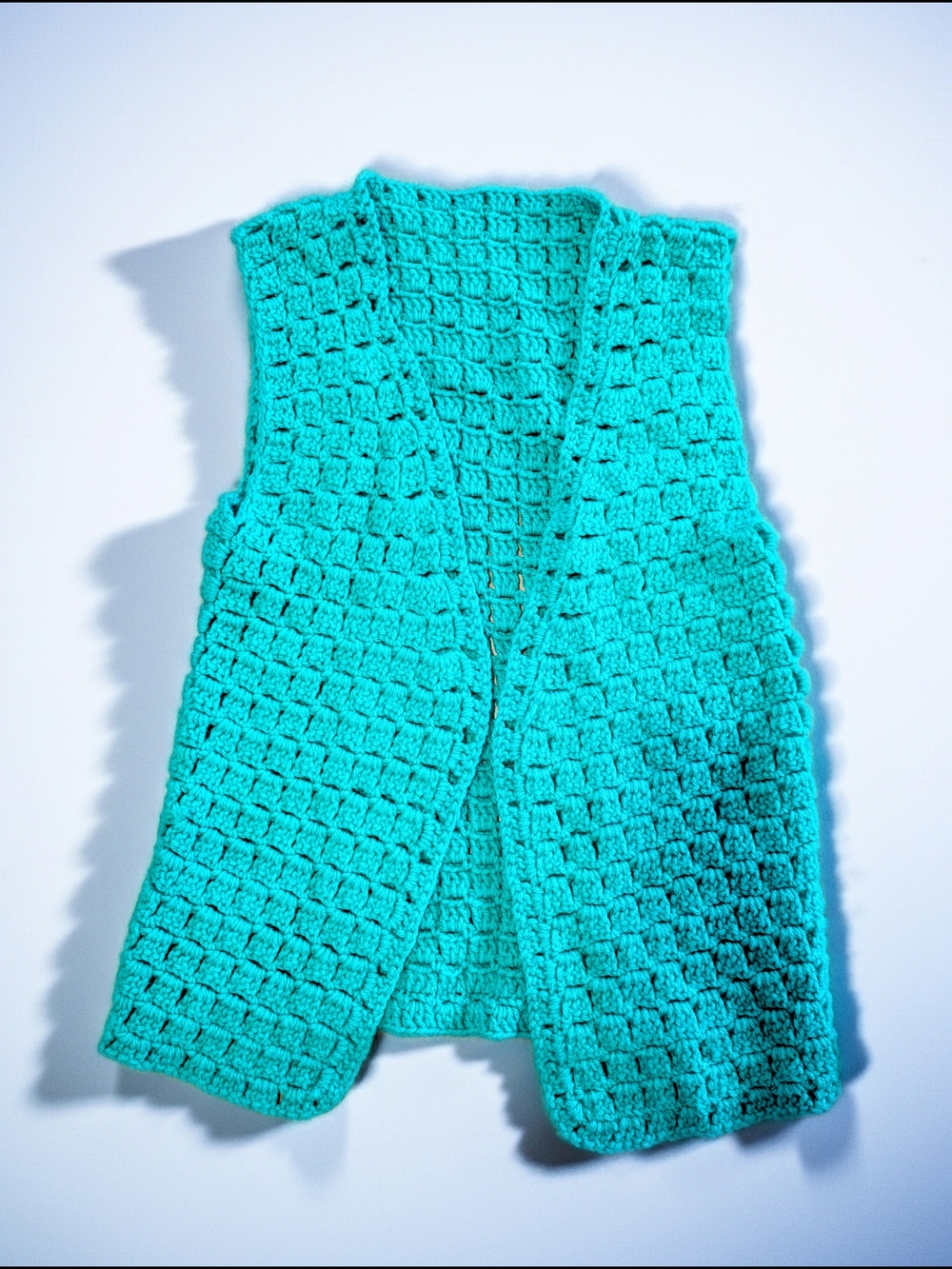 Vintage 70s Handmade Crochet Vest Green Boho Hippie Granny Block Stitch L/XL